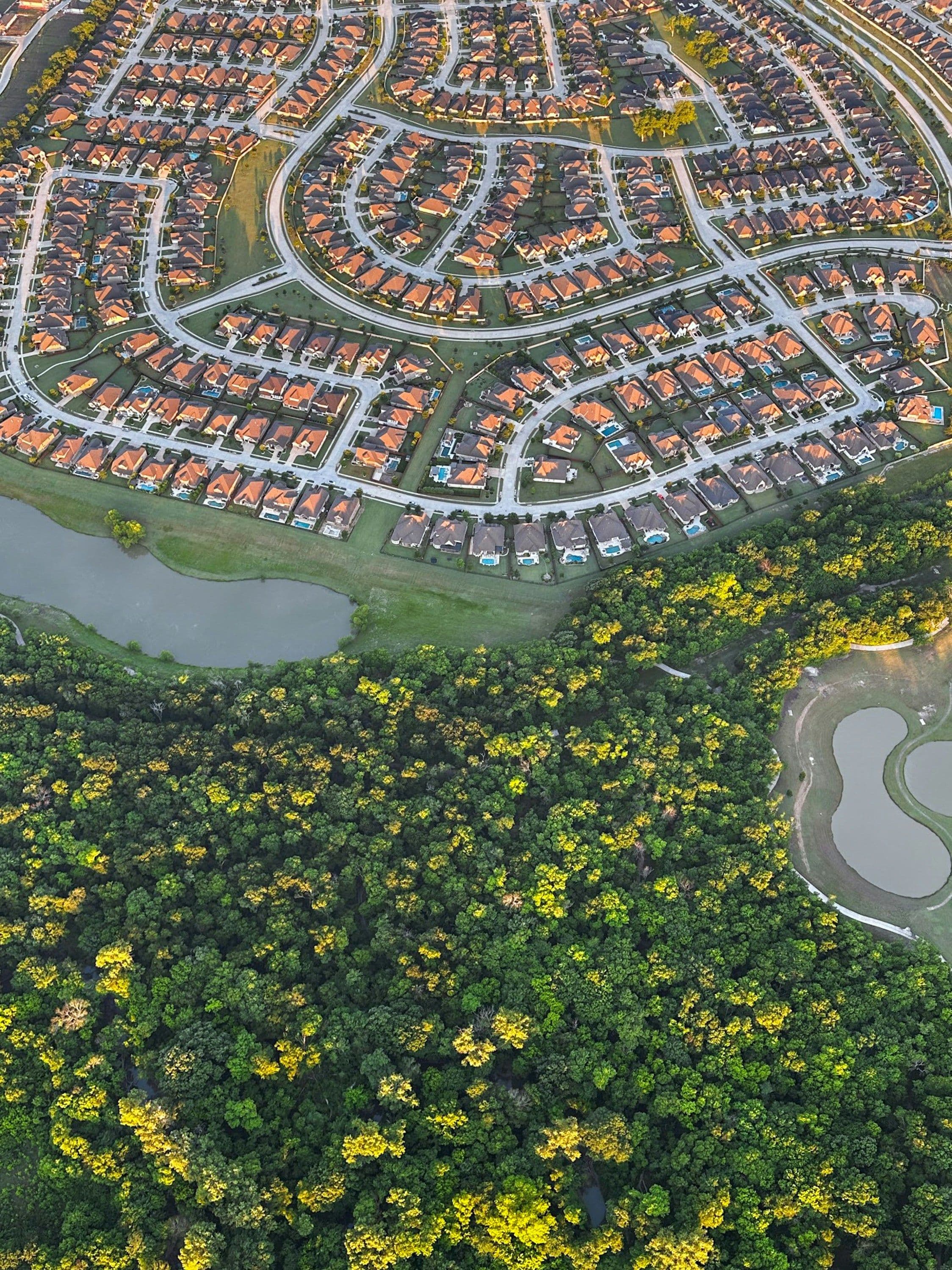 Mansfield Texas aerial view of ponds and residential homes