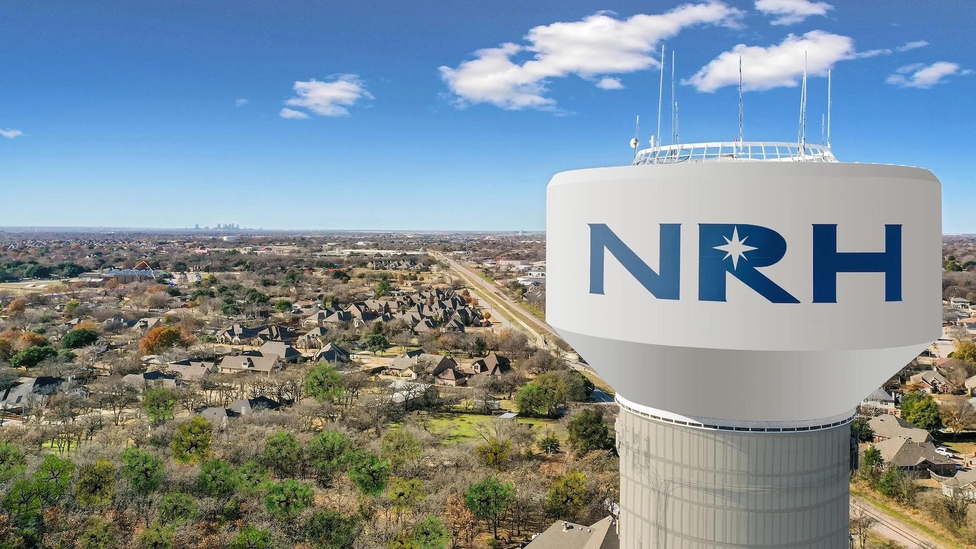 NRH water tower overlooking suburban neighborhoods in North Richland Hills, Texas.