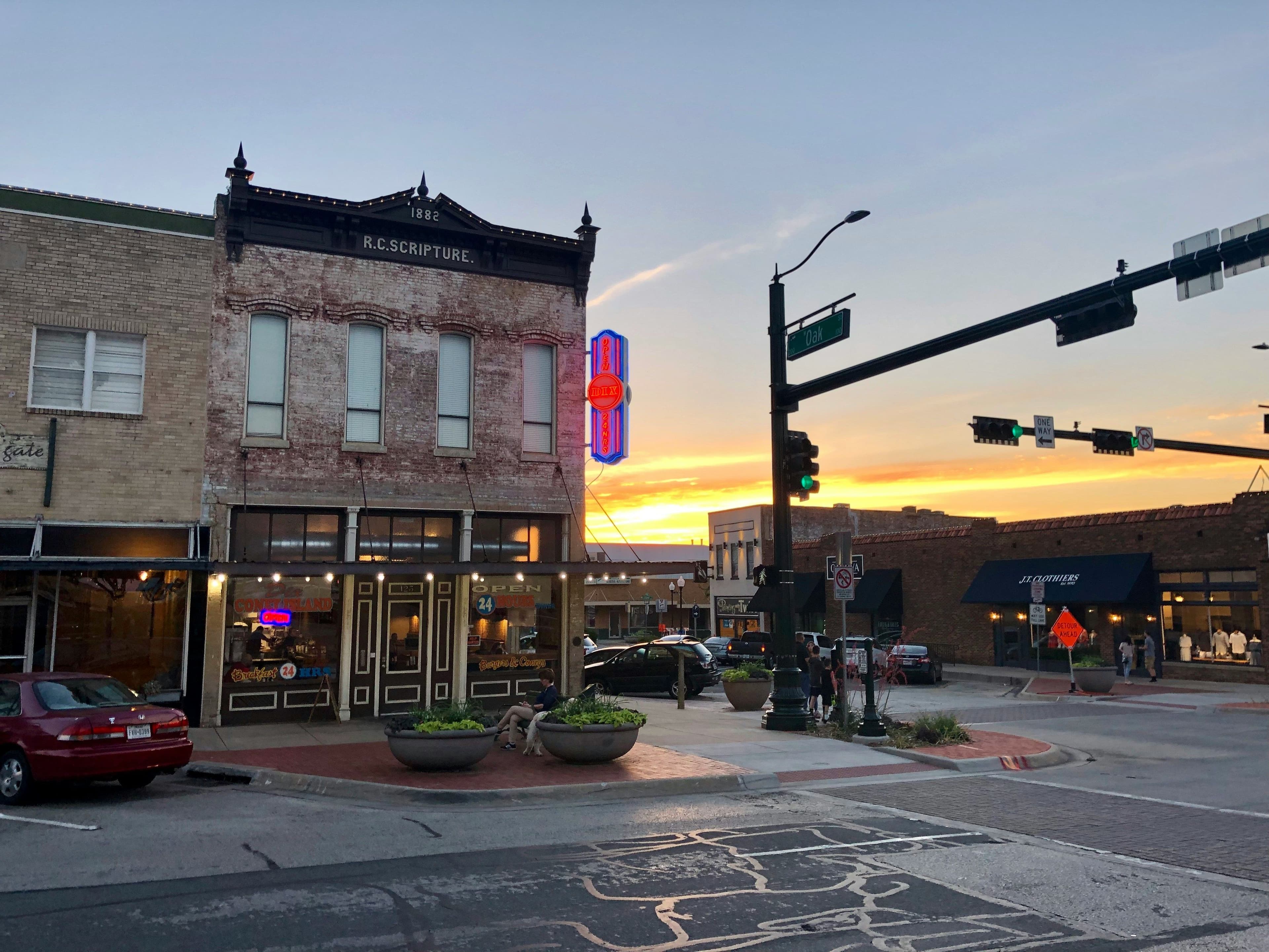 Downtown Denton Texas at sunset