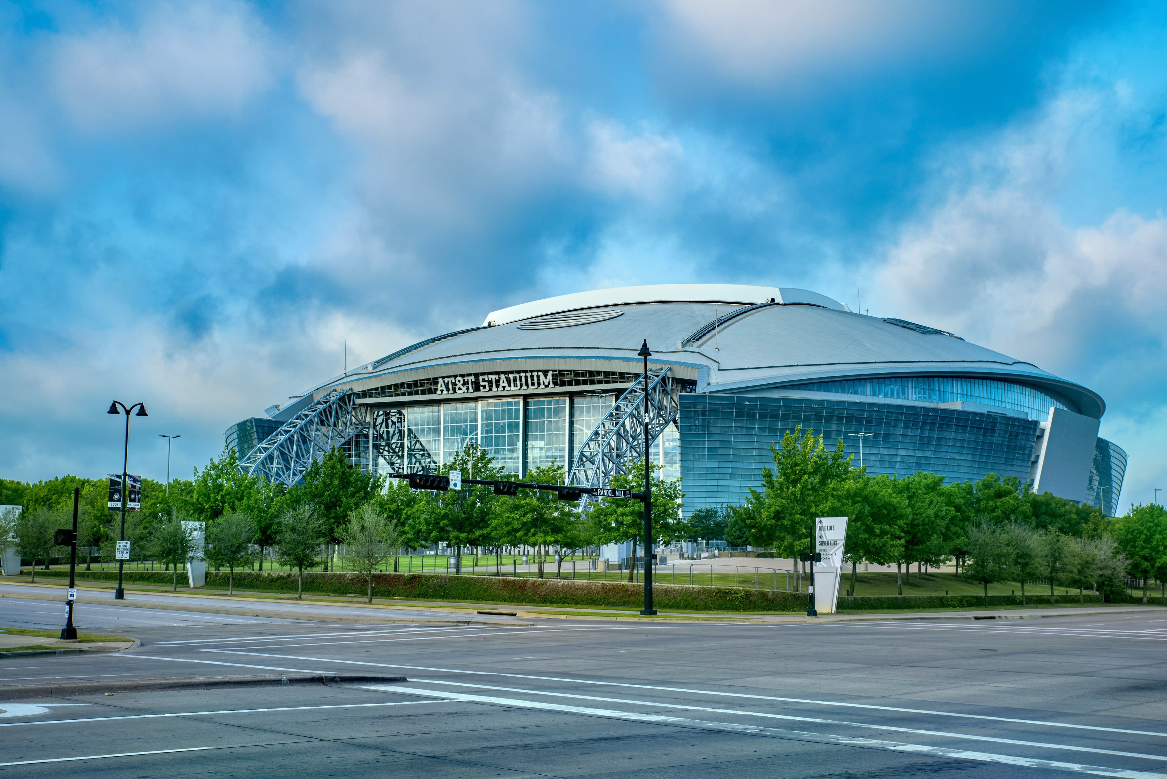 Front view of AT&T Stadium in Arlington, Texas, home of the Dallas Cowboys.